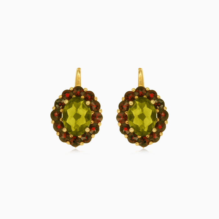Granat- und Moldavit-Gold-Tropfenohrringe