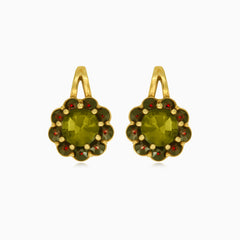 Royal 14kt gold moldavite and garnet earrings