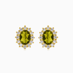 Elegant 14kt gold moldavite and cubic zirconia earrings