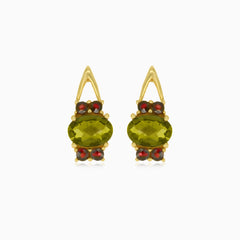 Timeless 14kt gold garnet and moldavite earrings