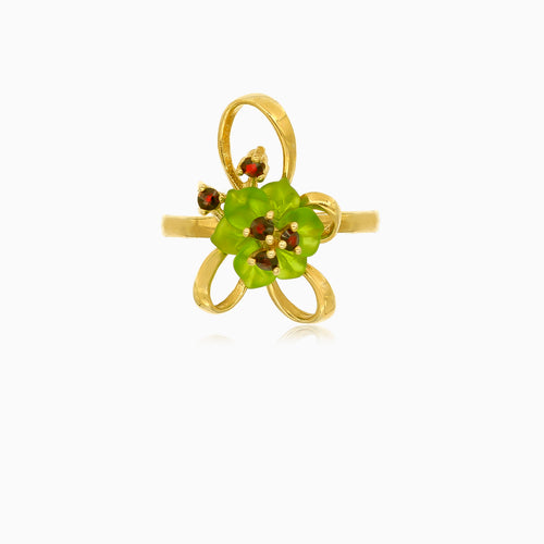 Elegantní květinový prsten ze 14kt zlata s křemenem a granátem