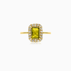 Radiant moldavite and cubic zirconia royal ring