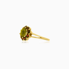 Moldavite and garnet floral women's ring