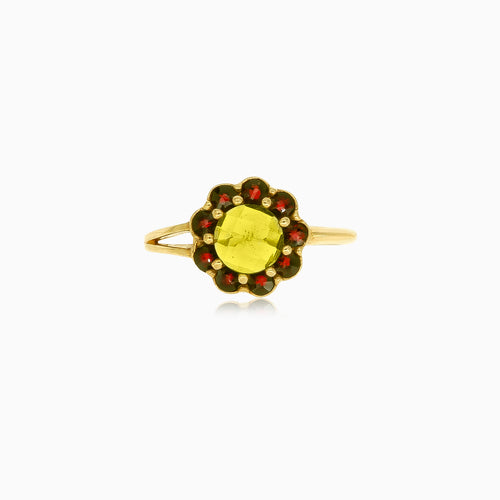 Moldavite and garnet floral women's ring