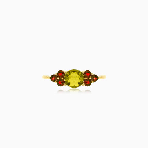 Elegant 14kt gold moldavite and garnet ring
