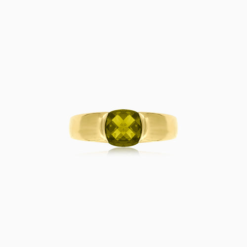 Zlatý unisex prsten s vltavínem polštářkového brusu