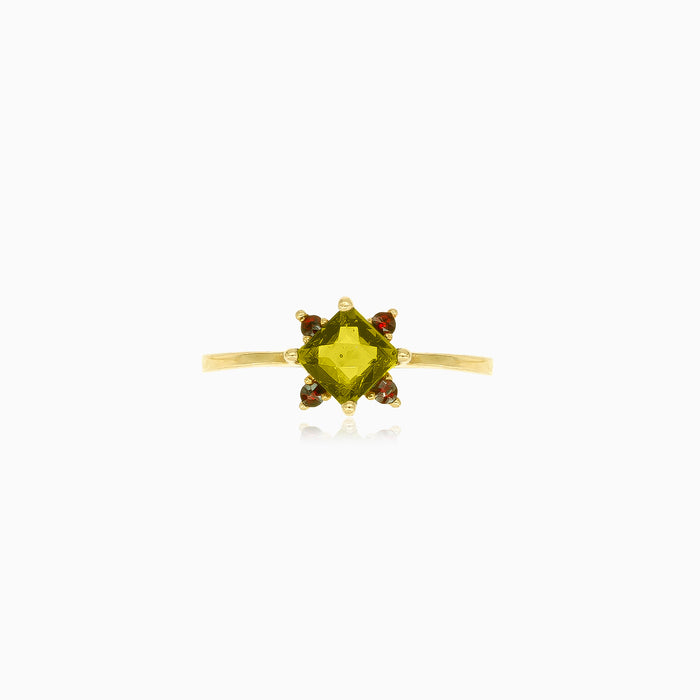 Eleganter Moldavit- und Granat-Ring