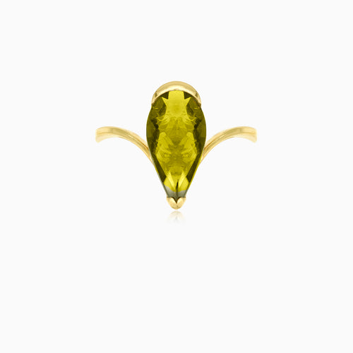 Pear fine step cut moldavite gold ring