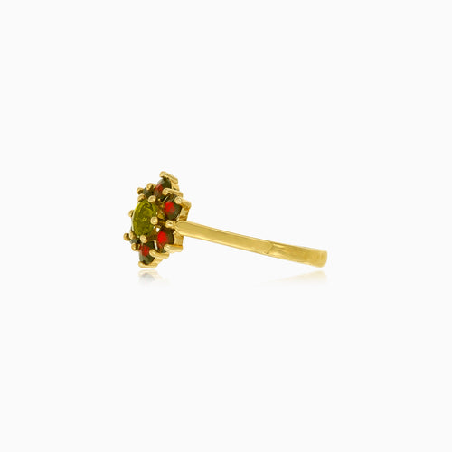 Garnet and moldavite flower design ring