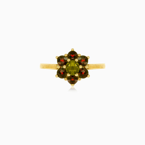 Prsten ve tvaru květiny s vltavínem a granáty