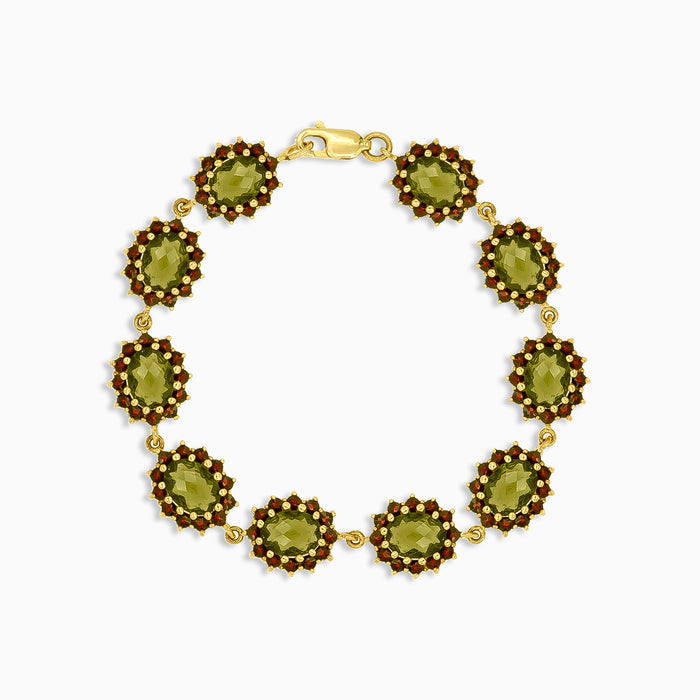 Bracelet en or avec moldavite enchanteresse et grenat