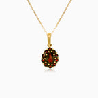 Radiant halo yellow gold garnet beauty pendant