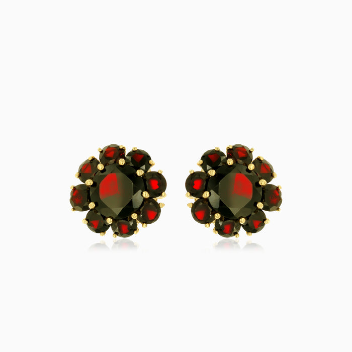Boucles d’oreilles pendantes fleur en grenat et or 14 carats