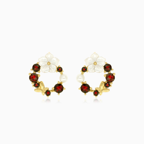 Round garnet earrings with quartz and pearl