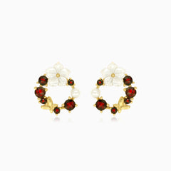 Round garnet earrings with quartz and pearl