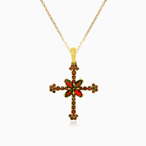 Zlatý přívěsek kříže s granátovými kameny ve tvaru markýzy
