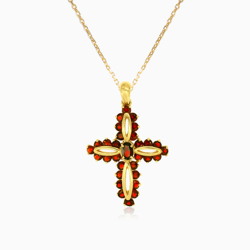 Zlatý přívěsek s kulatými a oválnými granátovými kameny ve tvaru kříže
