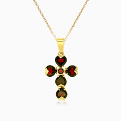 Colgante cruz de granate con piedras redondas y en forma de corazón