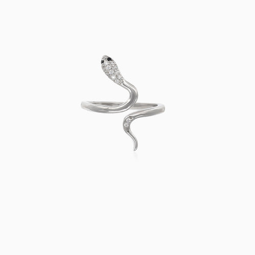 Elegant silver serpent ring with dark blue eyes