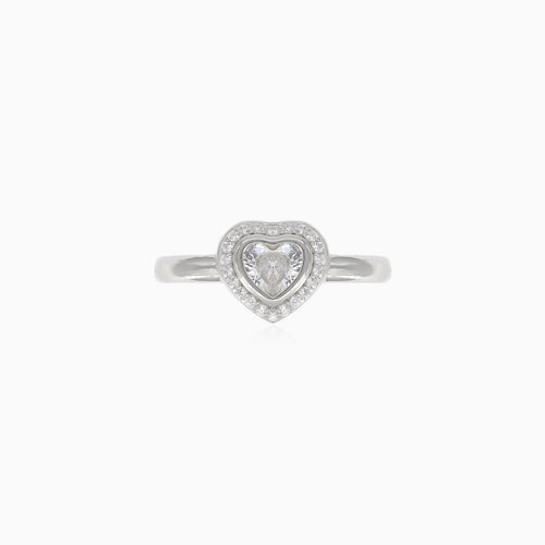 Elegant cubic zirconia silver ring with round and heart cut
