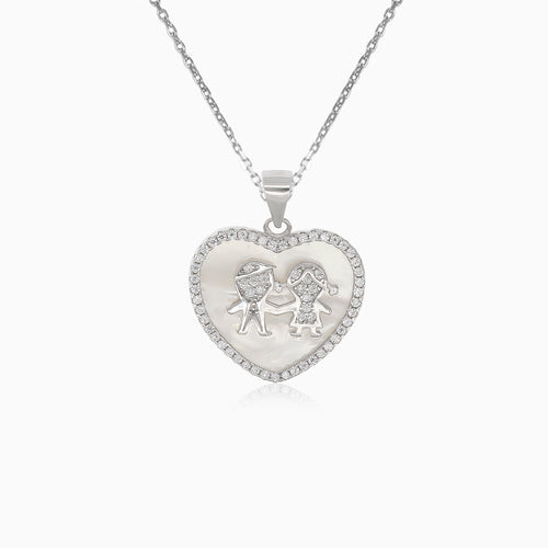 Silver pendant pearl heart with children with cubic zirconia