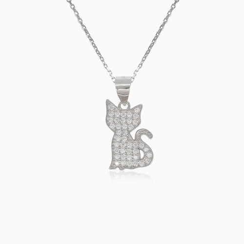 Silver cat pendant with cubic zirconia