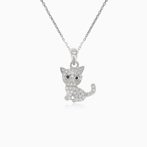 Silver kitten pendant with cubic zirconia