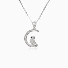 Silver moon pendant with owl and cubic zirconia