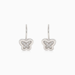 Silver drop earrings with butterfly with cubic zirconia