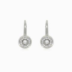 Silver drop earrings with round bezel zircon