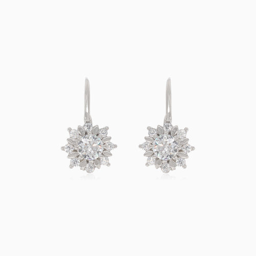 Silver drop earrings round flower with cubic zirconia