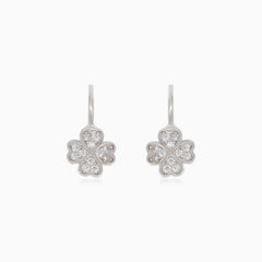 Silver four-leaf clover drop earrings