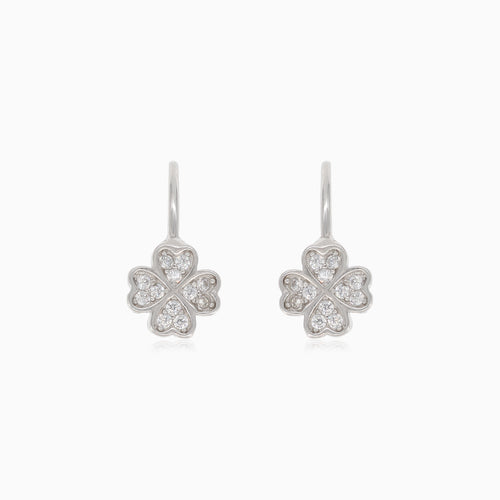 Silver four-leaf clover drop earrings