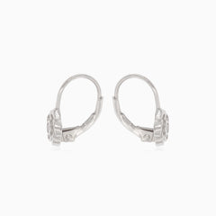 Silver flower drop earrings with half-covered cubic zirconia