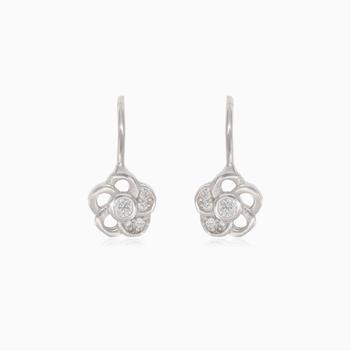 Silver flower drop earrings with half-covered cubic zirconia