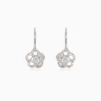 Silver flower drop earrings with half-covered cubic zirconia