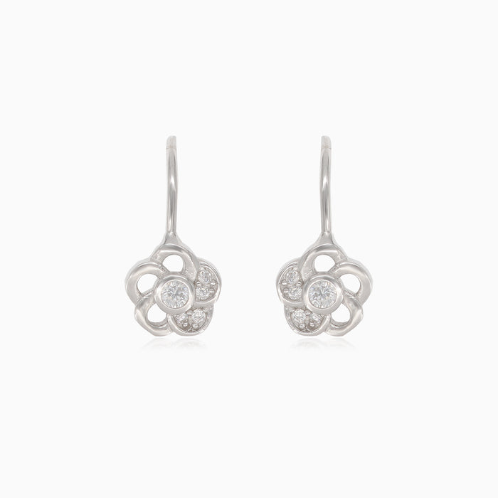 Silver flower drop earrings with half-covered cubic zirconia