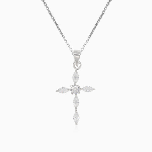 Silver pendant cross with marquise cubic zirconia and round in the middle