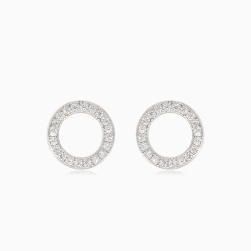 Silver stud earrings circle with cubic zirconia
