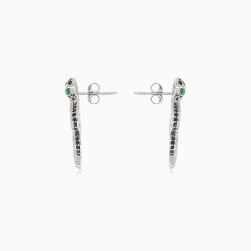 Silver snake earrings with transparent and black cubic zirconia