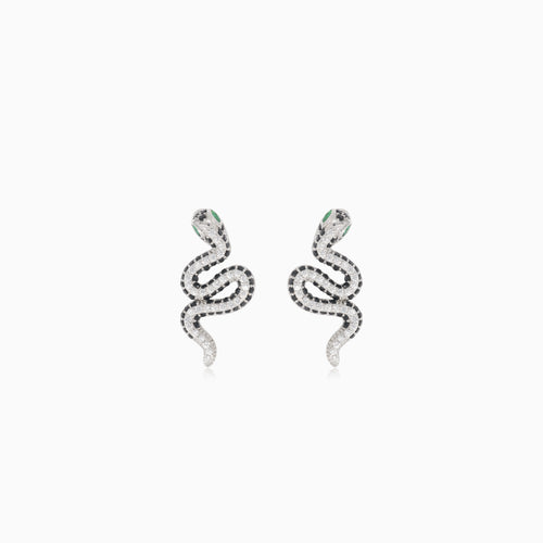 Silver snake earrings with transparent and black cubic zirconia