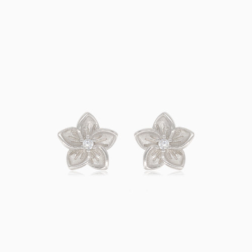 Silver flower earrings with cubic zirconia in the middle