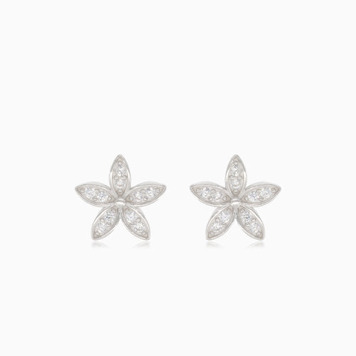 Silver flower earrings with embedded cubic zirconia