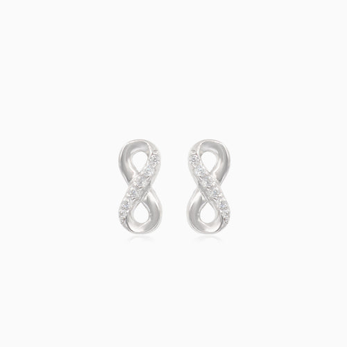 Silver small infinity earrings with half-covered cubic zirconia