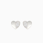 Silver heart earrings with half-covered cubic zirconia