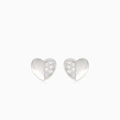 Silver heart earrings with half-covered cubic zirconia