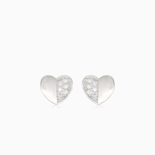 Silver heart earrings with half-covered cubic zirconia