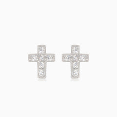 Silver stud earrings cross with cubic zirconia