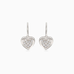 Silver earrings with heart and cubic zirconia in the middle