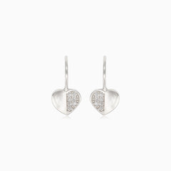 Silver heart earrings with half-covered cubic zirconia